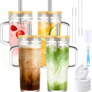 Glass Cups with Lids and Straws
